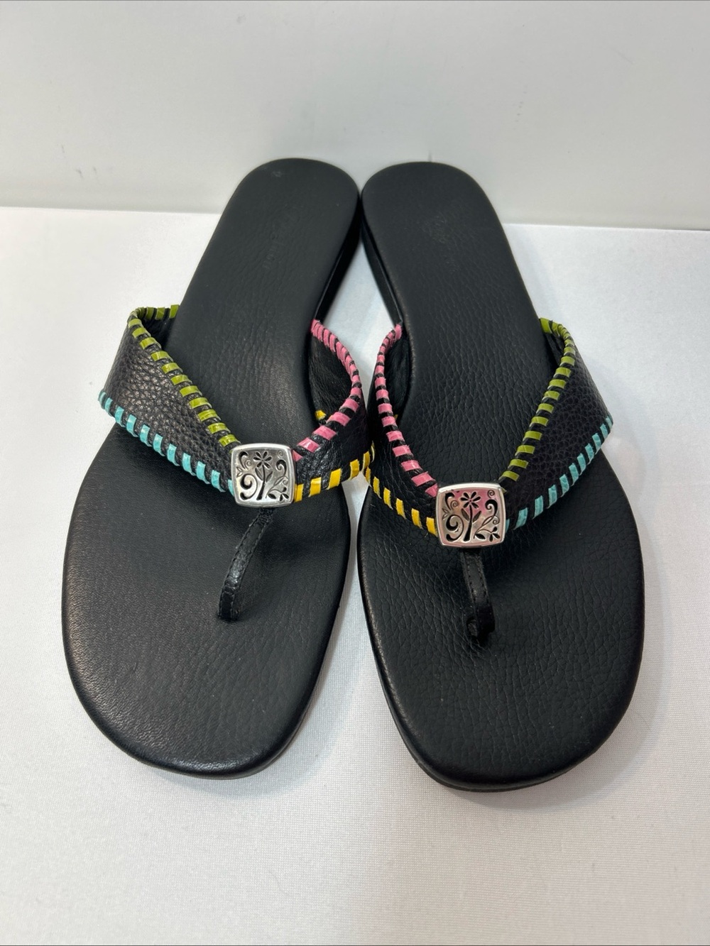 Brighton Black Flip Flop Sandals with Multicolor Stitching